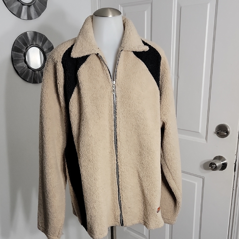 Men's Beige and Black Fleece Full Zip Jacket Size Large